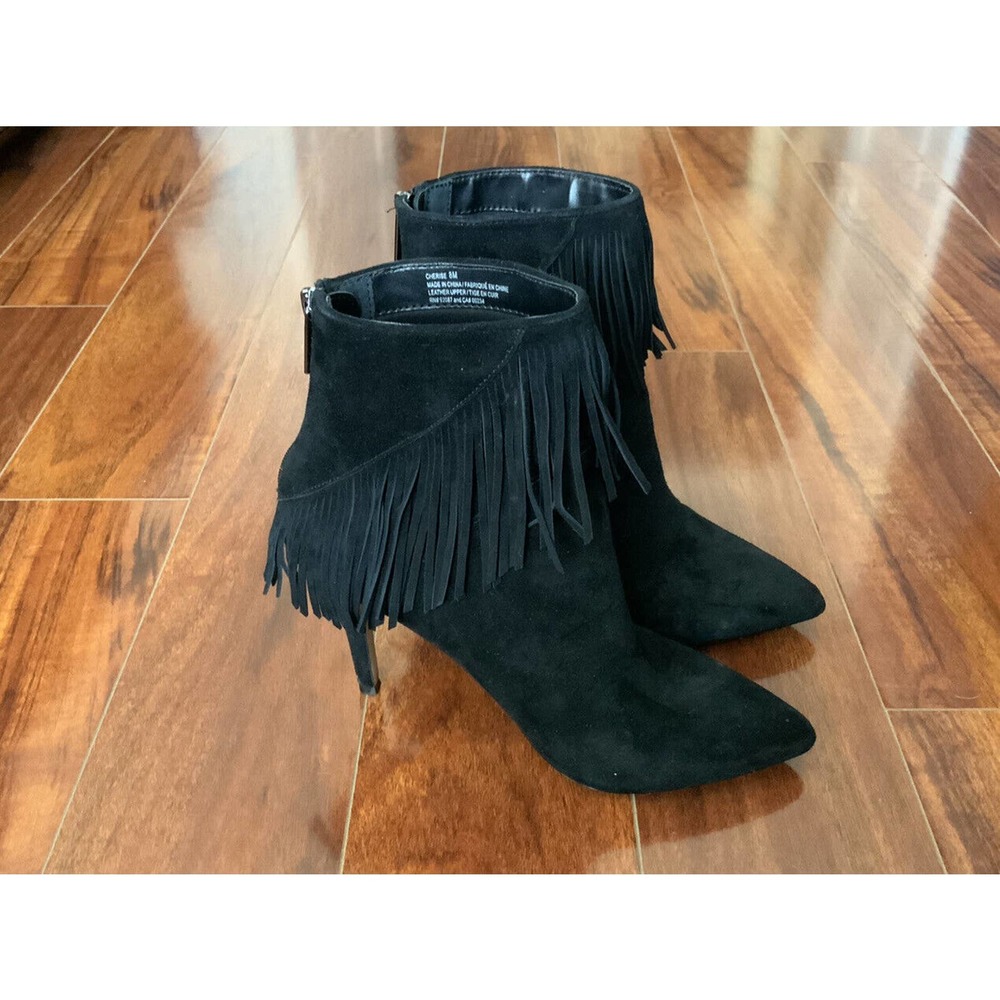 Saks 5th Ave Leather Suede Fringe Cowgirl Boot Pointed Toe sz 8 Zip 3 1/2" Heel